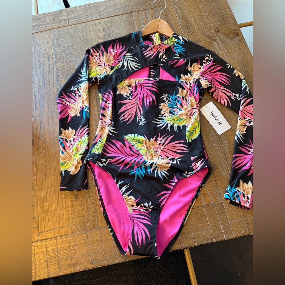 HurleyBlack and Pink Floral Swim one piece Rashguard